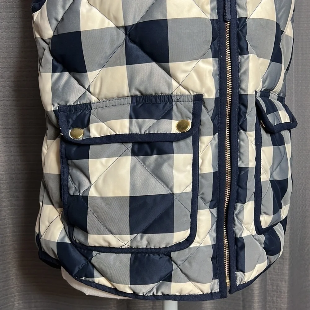 J. CREW SMALL BLUE AND CREAM PLAID DOWN PUFFER VEST